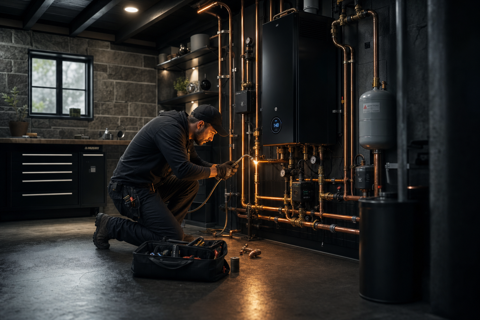 Professional plumber working on copper pipework