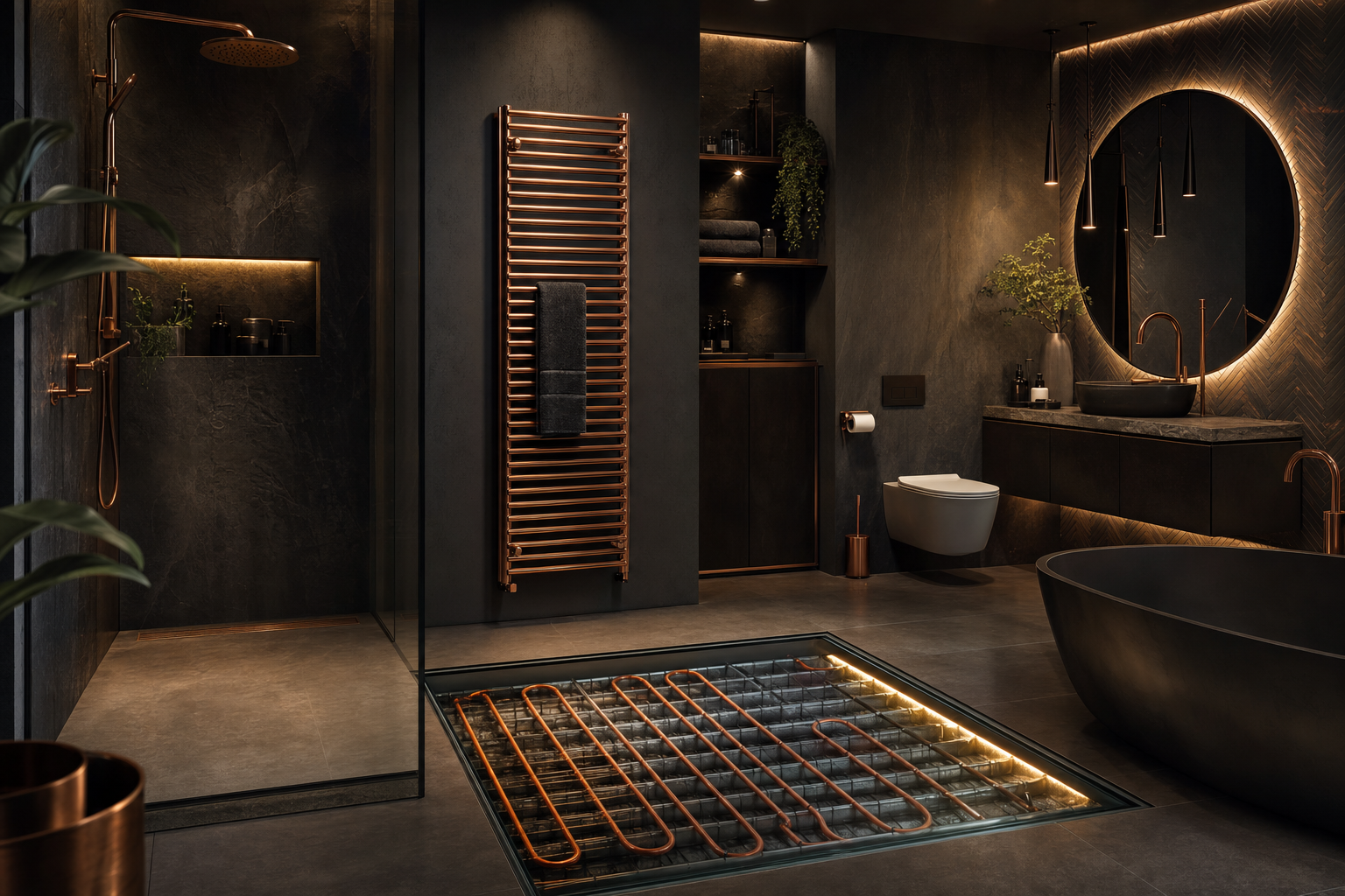 Luxury bathroom with copper heating